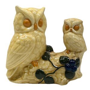 Vintage Ceramic Owl Figurine, 2 Owls on Branch, high gloss, 4.75" T, grazing